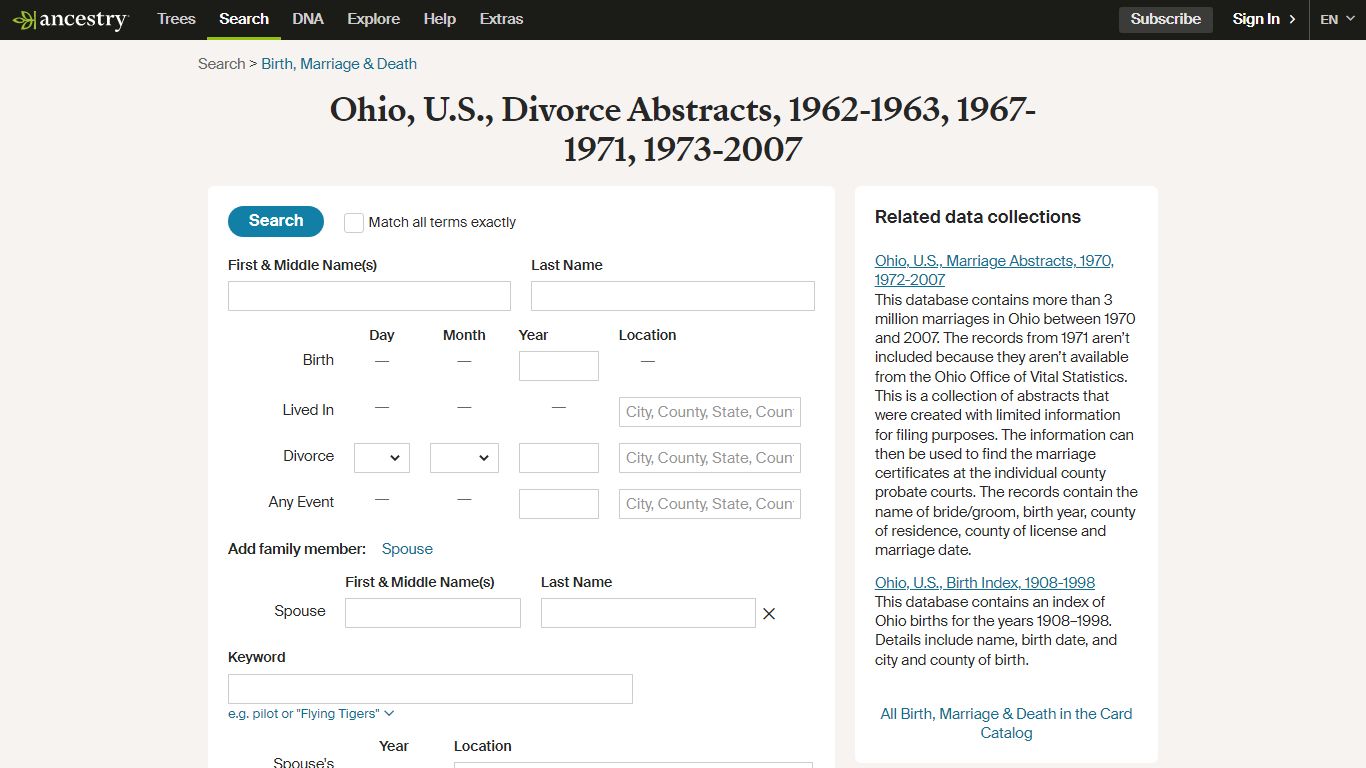 Ohio, U.S., Divorce Abstracts, 1962-1963, 1967-1971, 1973-2007